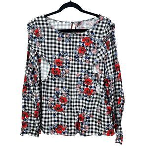 Massini Womens Blouse Top‎ Floral Plaid Ruffled Long Sleeves Black White Sz XL